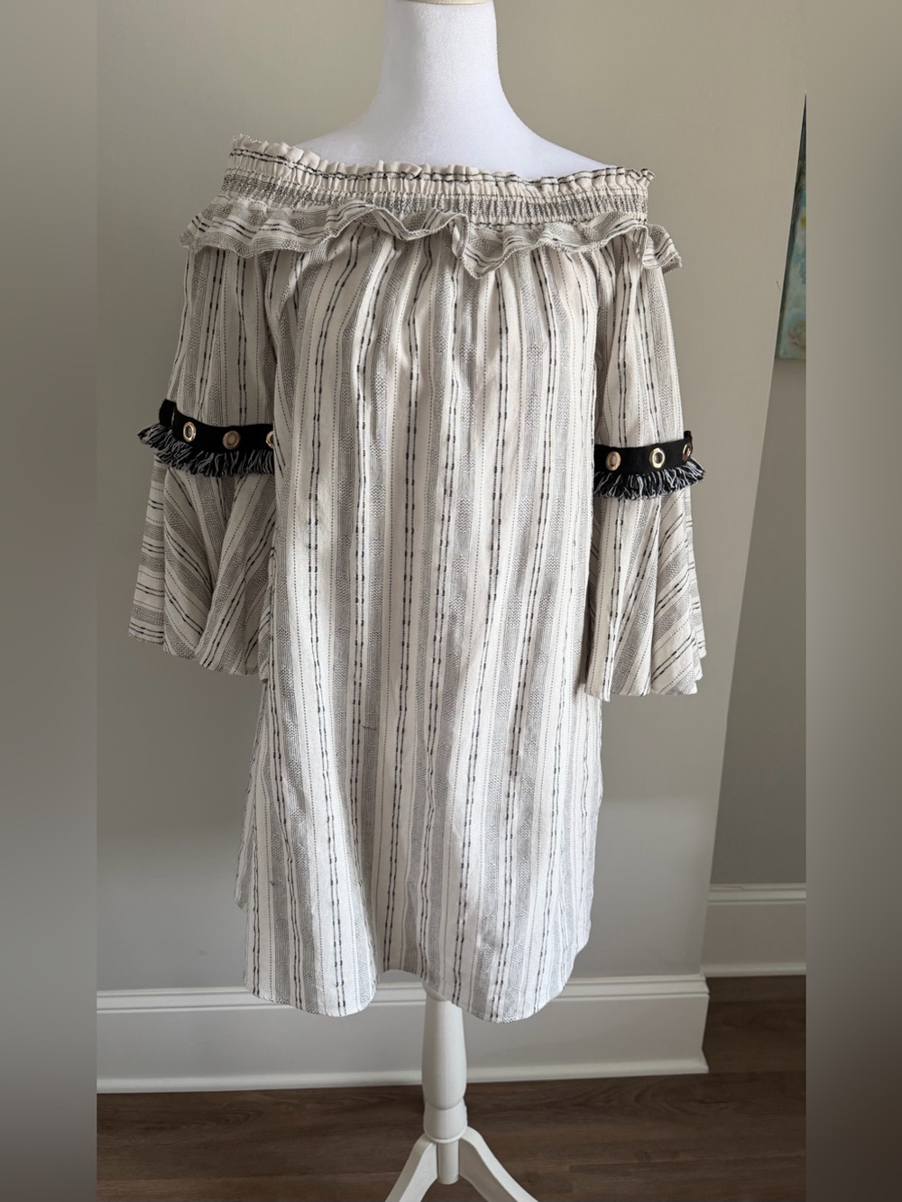 Sugarlips Cream & Black Striped Off-Shoulder Dress